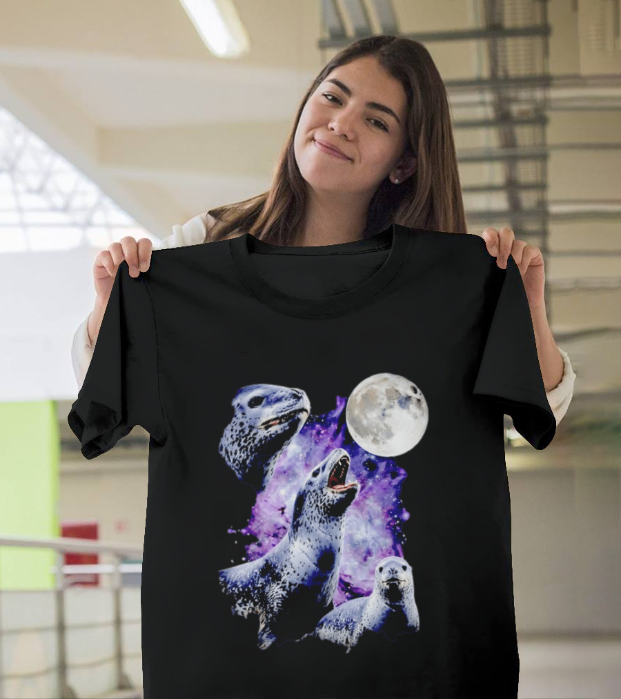 Three Leopard Seals Under Moonlight With Starry Purple Night Sky T-Shirt
