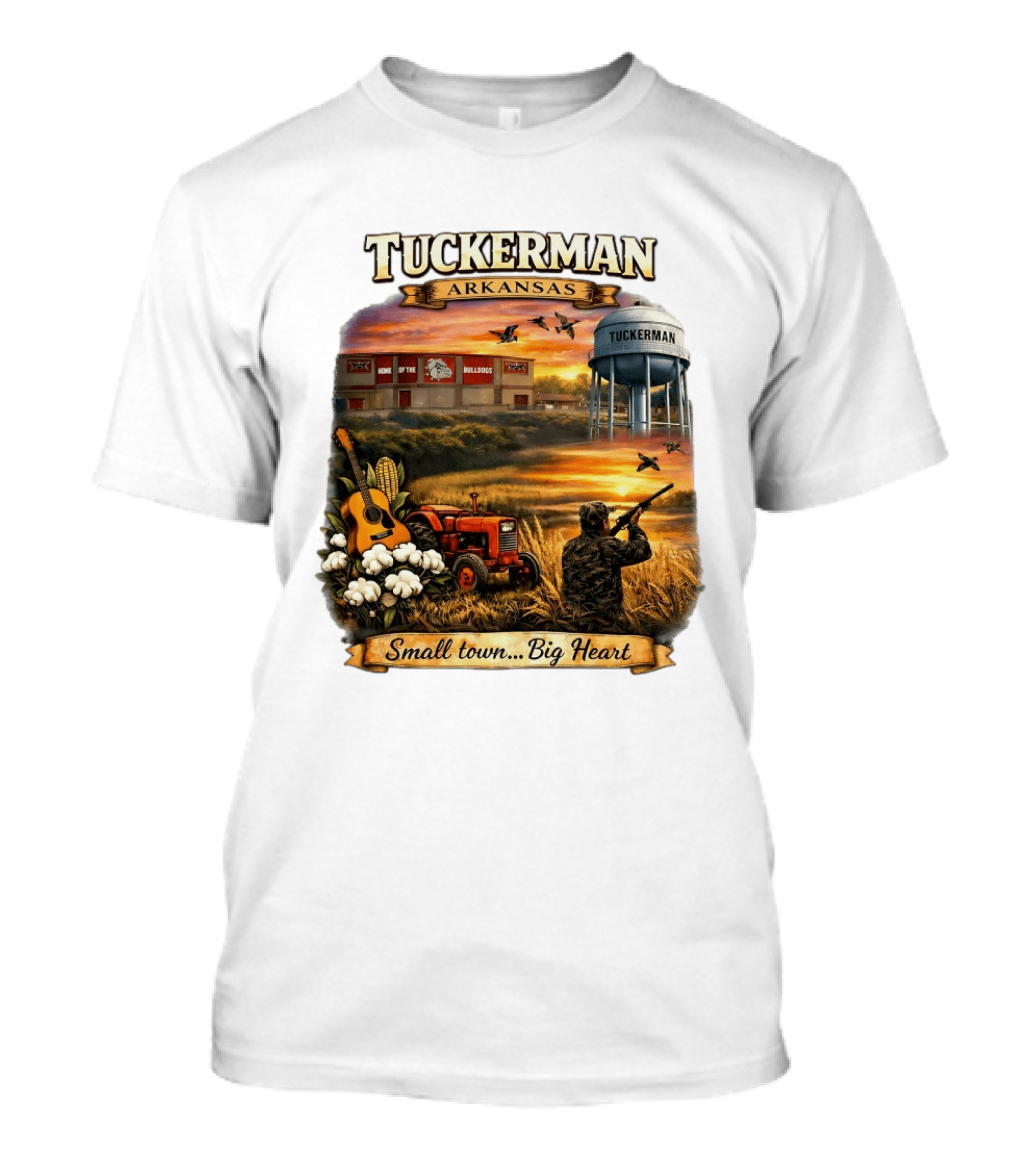 Tuckerman Arkansas Home Of The Bulldogs Water Tower Small Town Big Heart Tractor Hunter Guitar T-Shirt