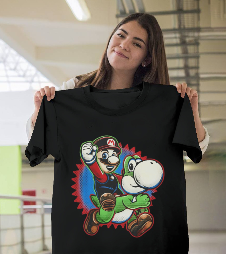 Mario And Yoshi Ride The Green Dino Classic Cartoon Adventure T-Shirt