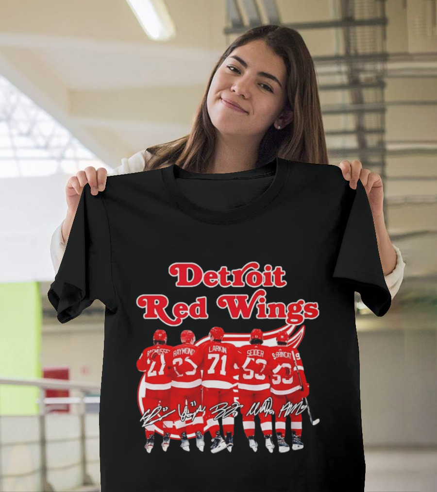 Detroit Red Wings Players Rasmussen Raymond Larkin Seider Branncat Celebrating Victory NHL 2026 Signatures T-Shirt