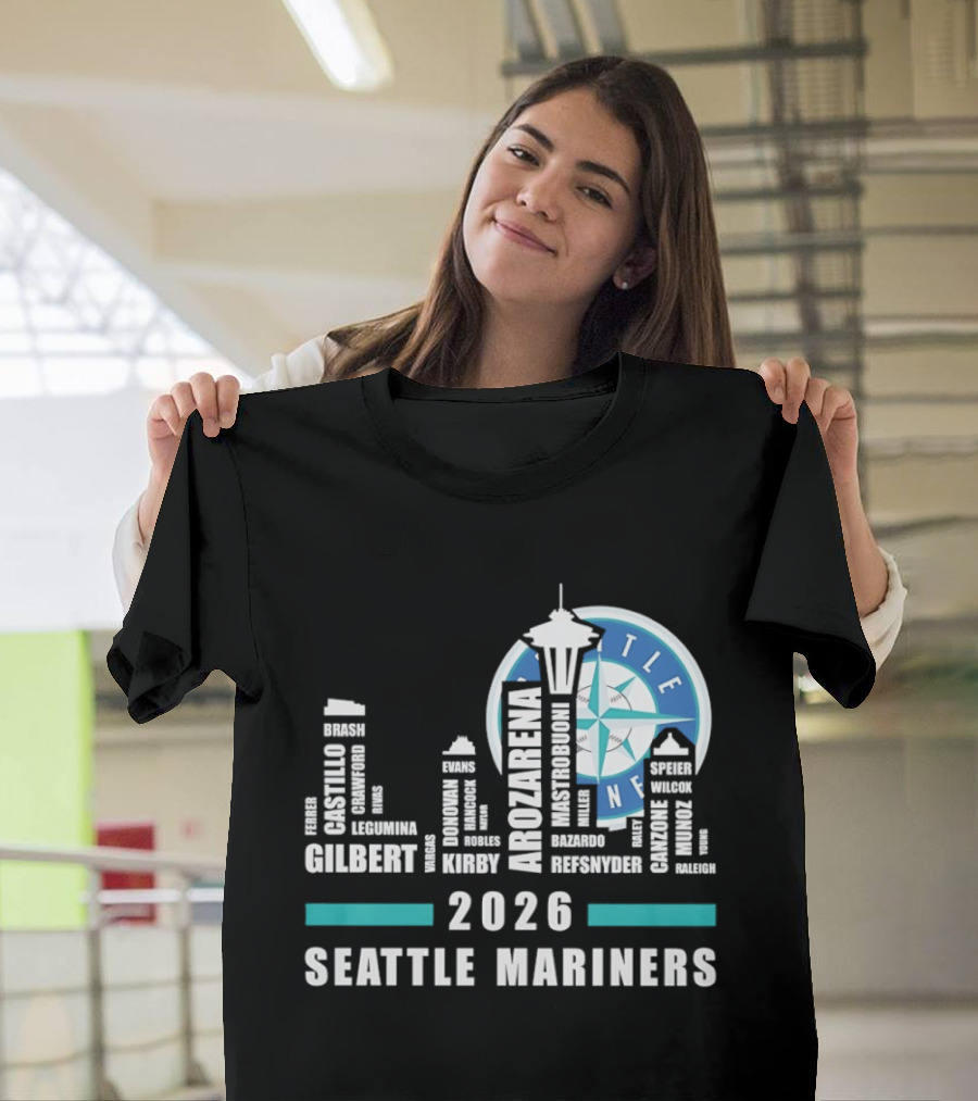 2026 Seattle Mariners City Connect Skyline With Player Names And Space Needle T-Shirt