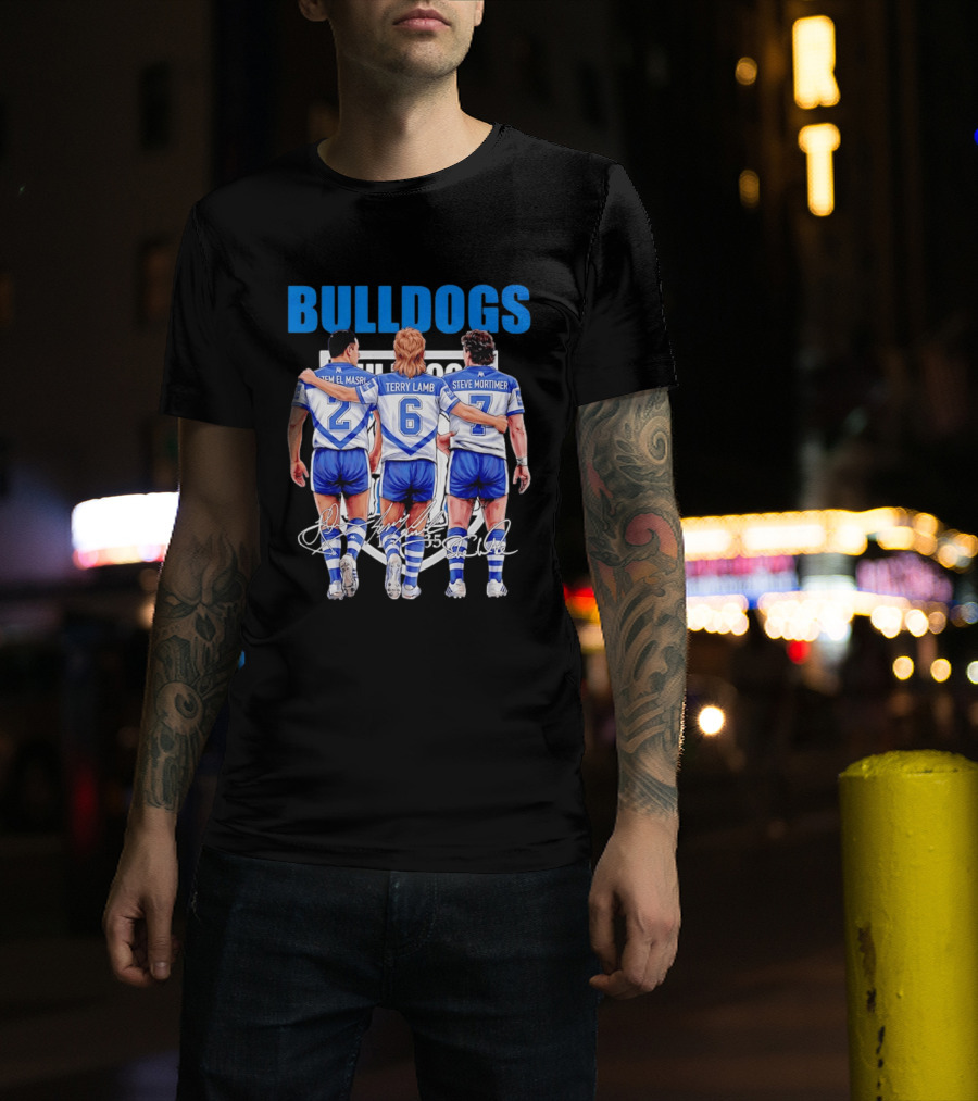 Hazem El Masri Terry Lamb Steve Mortimer Canterbury Bankstown Bulldogs Legends Signatures T-Shirt