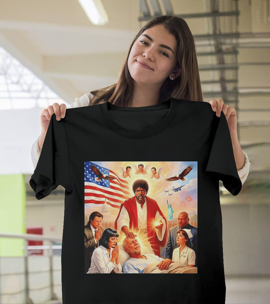 Samuel L. Jackson Exorcism Scene With Bruce Willis And US Patriotic Elements Meme T-Shirt
