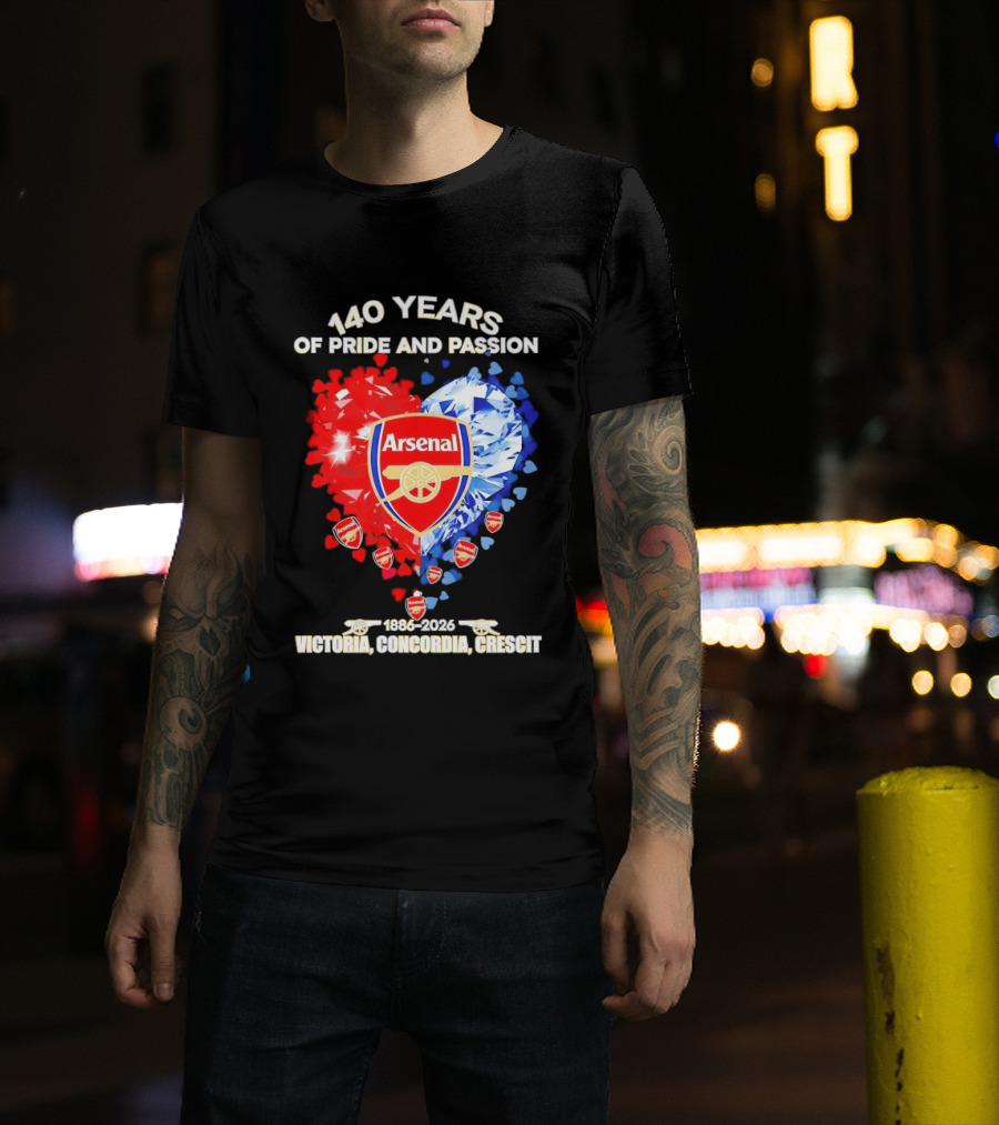 Arsenal 140 Years Of Pride And Passion Victoria Concordia Crescit 1886 2026 Heart Badge Crest T-Shirt