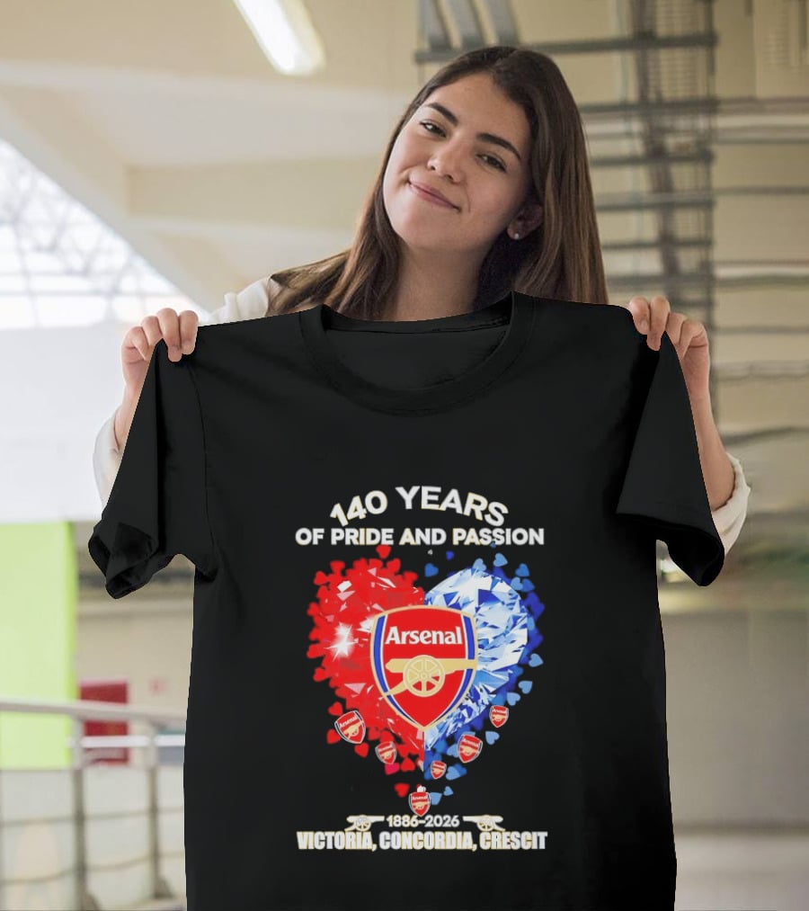 Arsenal 140 Years Of Pride And Passion Victoria Concordia Crescit 1886 2026 Heart Badge Crest T-Shirt