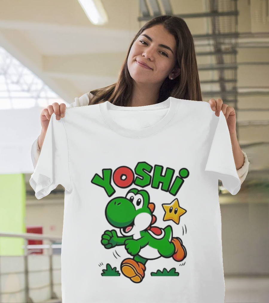 Yoshi Super Mario Green Dinosaur Running With Star T-Shirt
