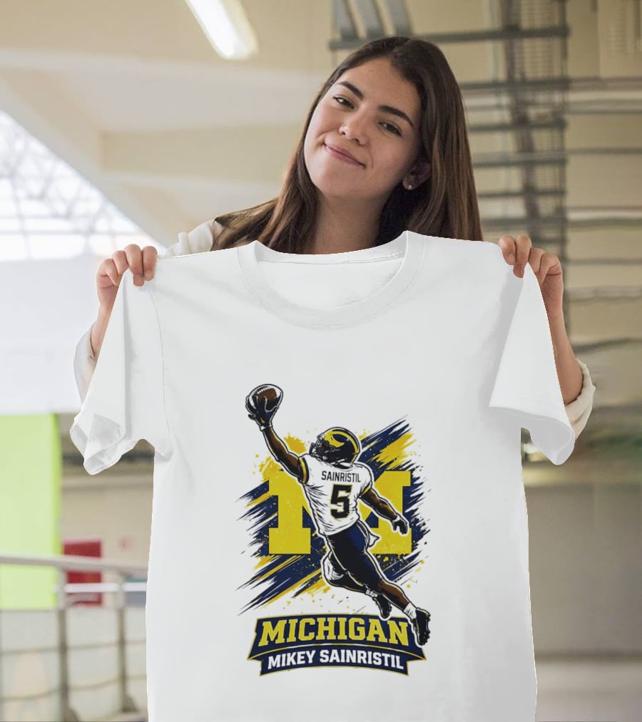 Michigan Mikey Sainristil Catching Football Wolverines Player T-Shirt