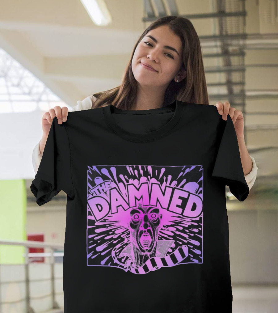 THE DAMNED Horror Face Neon Splatter Purple Black T-Shirt