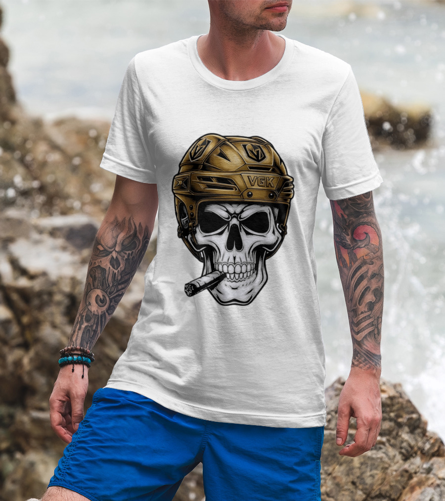 VGK Skull Helmet Vegas Golden Knights Smoking Cigar T-Shirt
