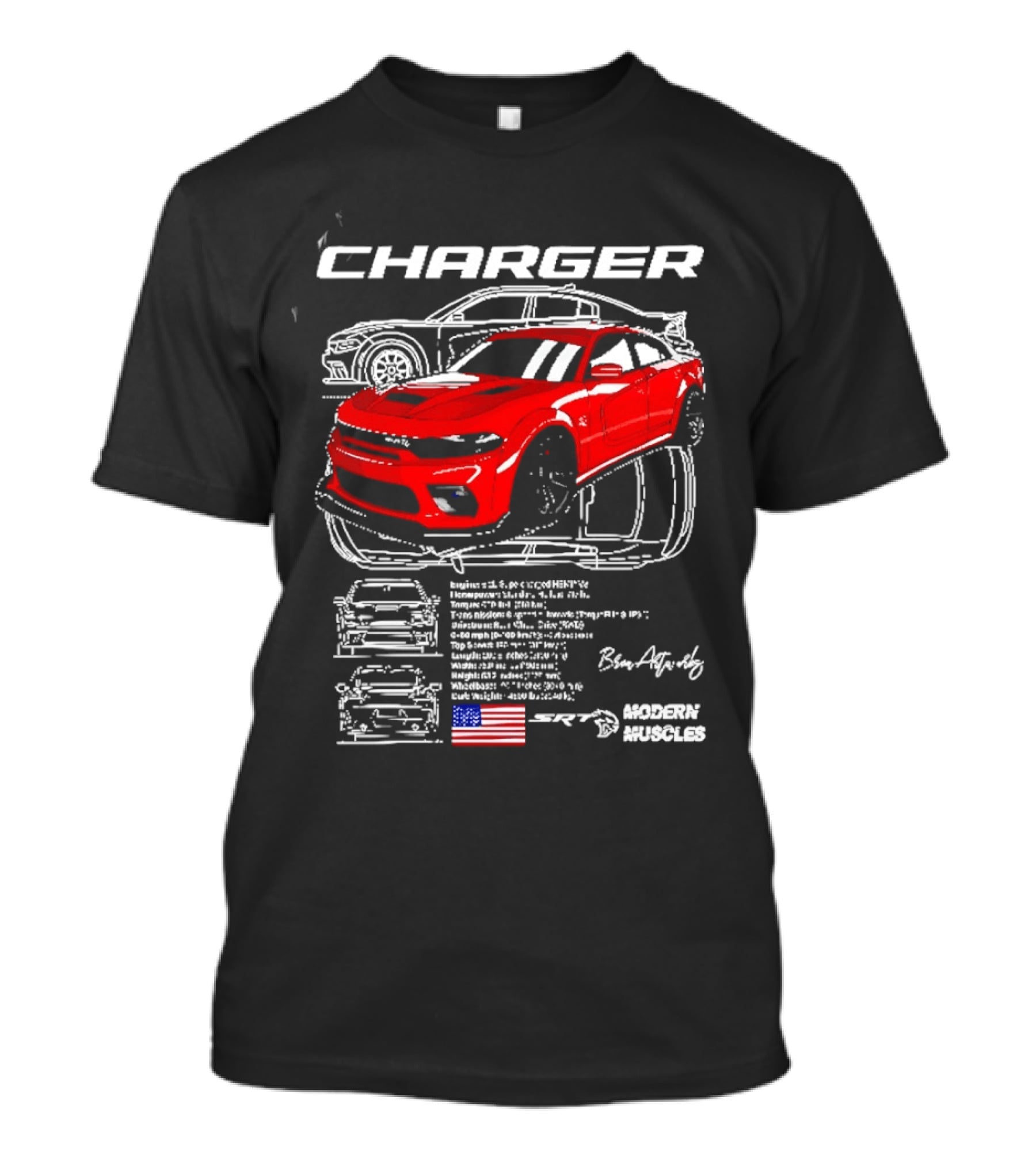 Dodge Charger Hellcat Red Modern Muscles Blueprint USA Flag T-Shirt