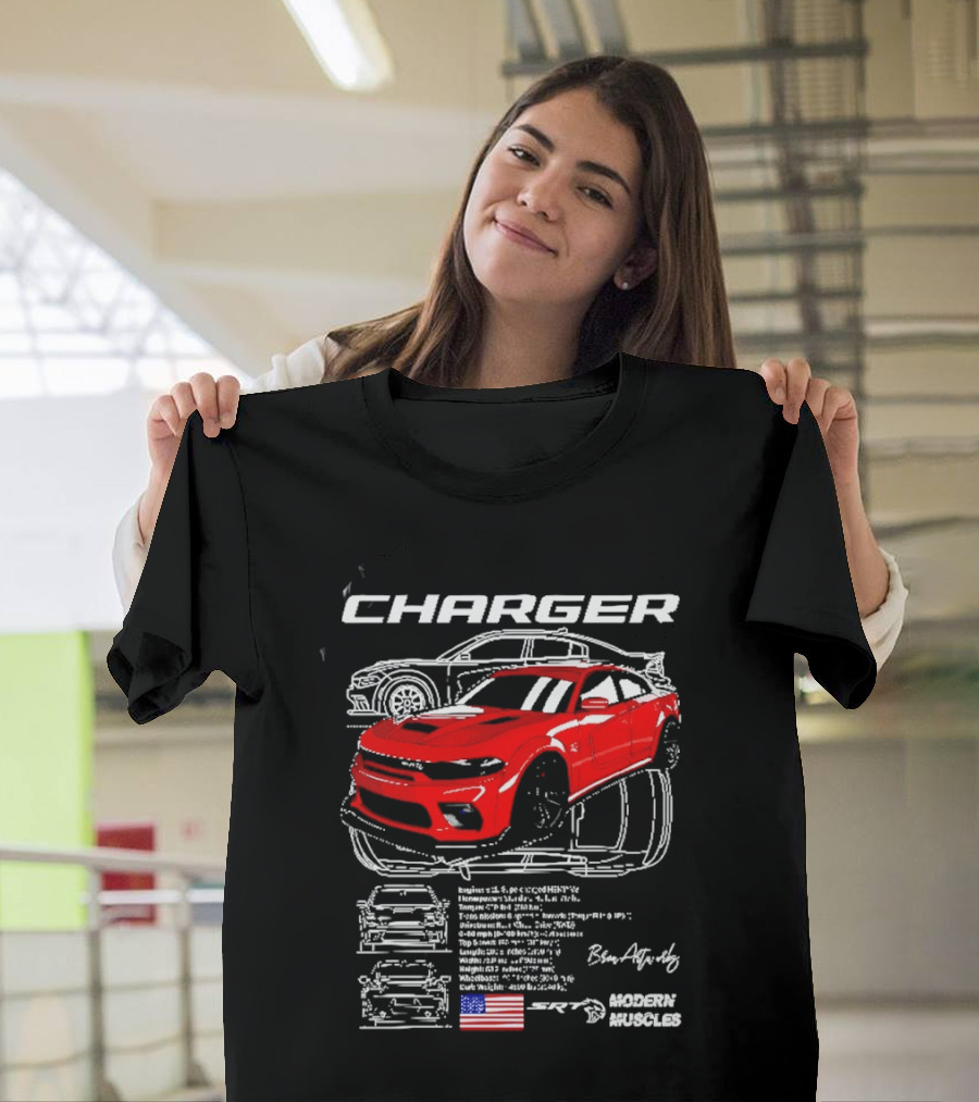 Dodge Charger Hellcat Red Modern Muscles Blueprint USA Flag T-Shirt