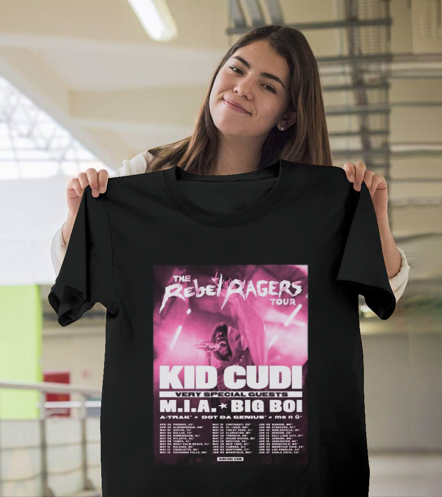 The Rebel Ragers Tour Kid Cudi 2026 Featuring M.I.A. Big Boi A Trak Dot Da Genius Tour Dates T-Shirt