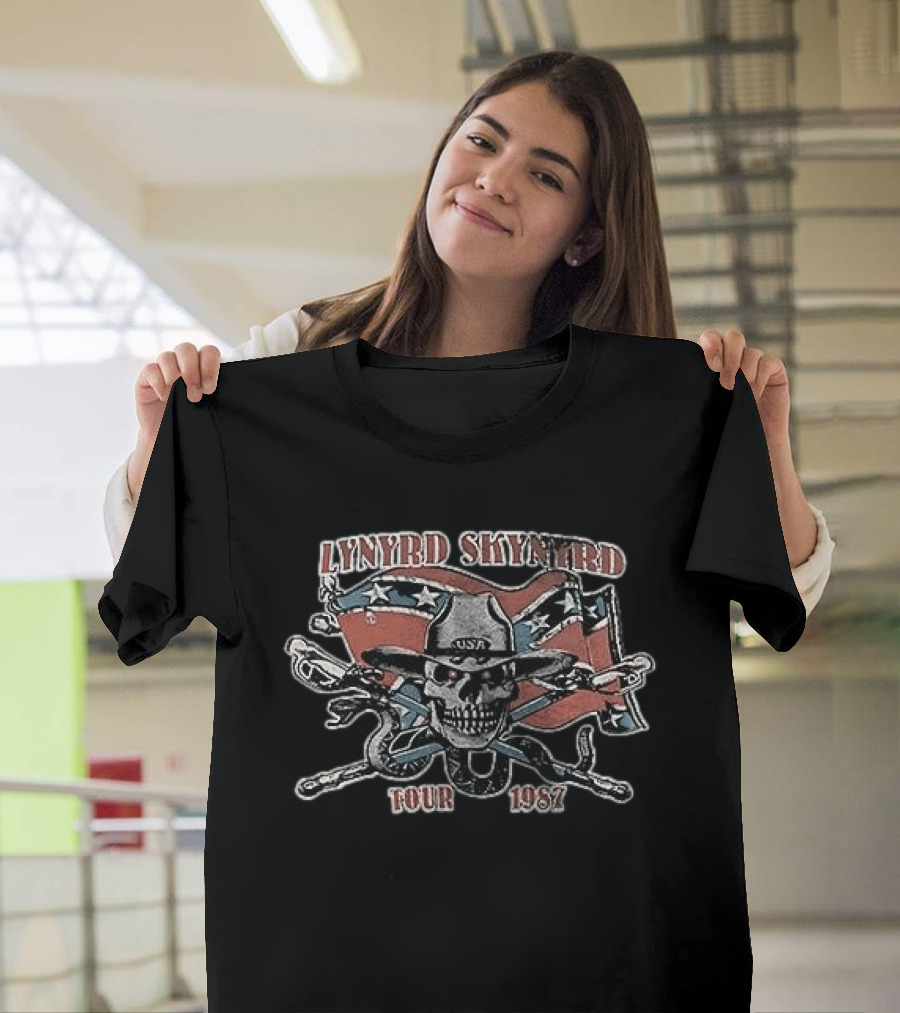 Lynyrd Skynyrd Tour 1987 Skeleton Cowboy USA Rebel Flag T-Shirt