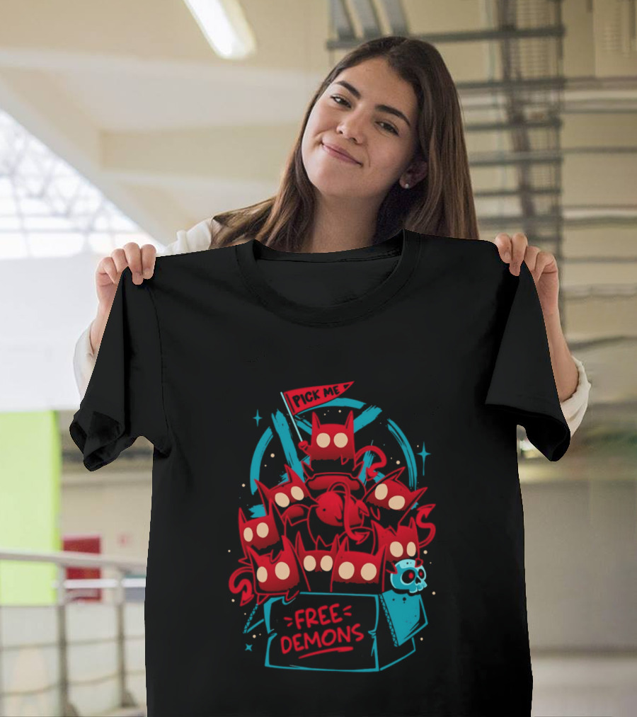 Free Demons Box Pick Me Red Monsters Cute Cartoon T-Shirt
