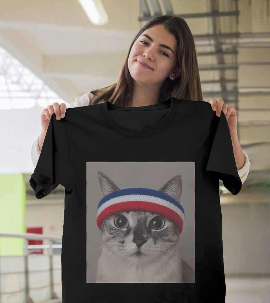 Cat Wearing Red White Blue Terry Headband T-Shirt