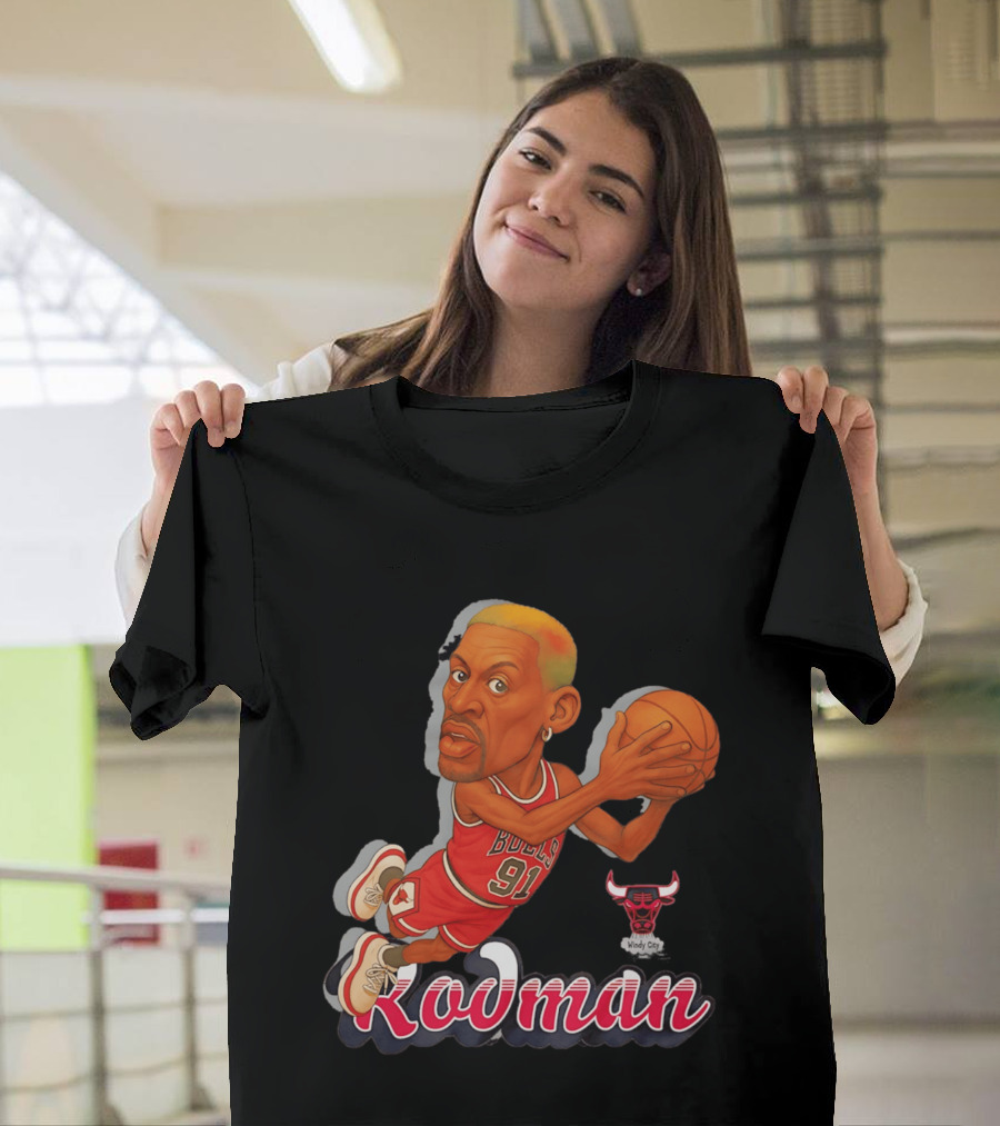 Dennis Rodman Chicago Bulls 91 Fickett Classics Windy City Cartoon T-Shirt
