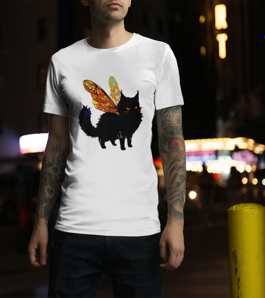 Black Cat With Colorful Fairy Wings Fantastical T-Shirt