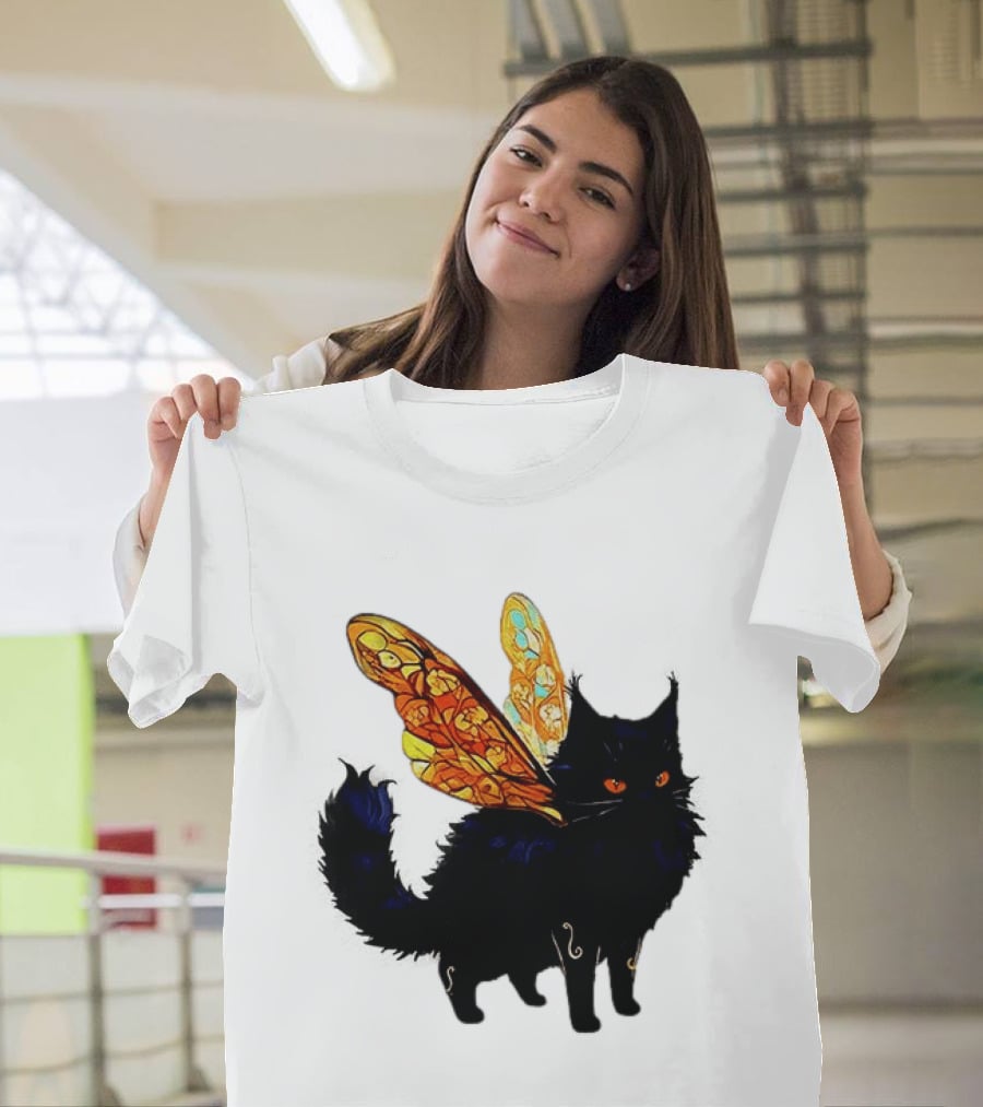 Black Cat With Colorful Fairy Wings Fantastical T-Shirt