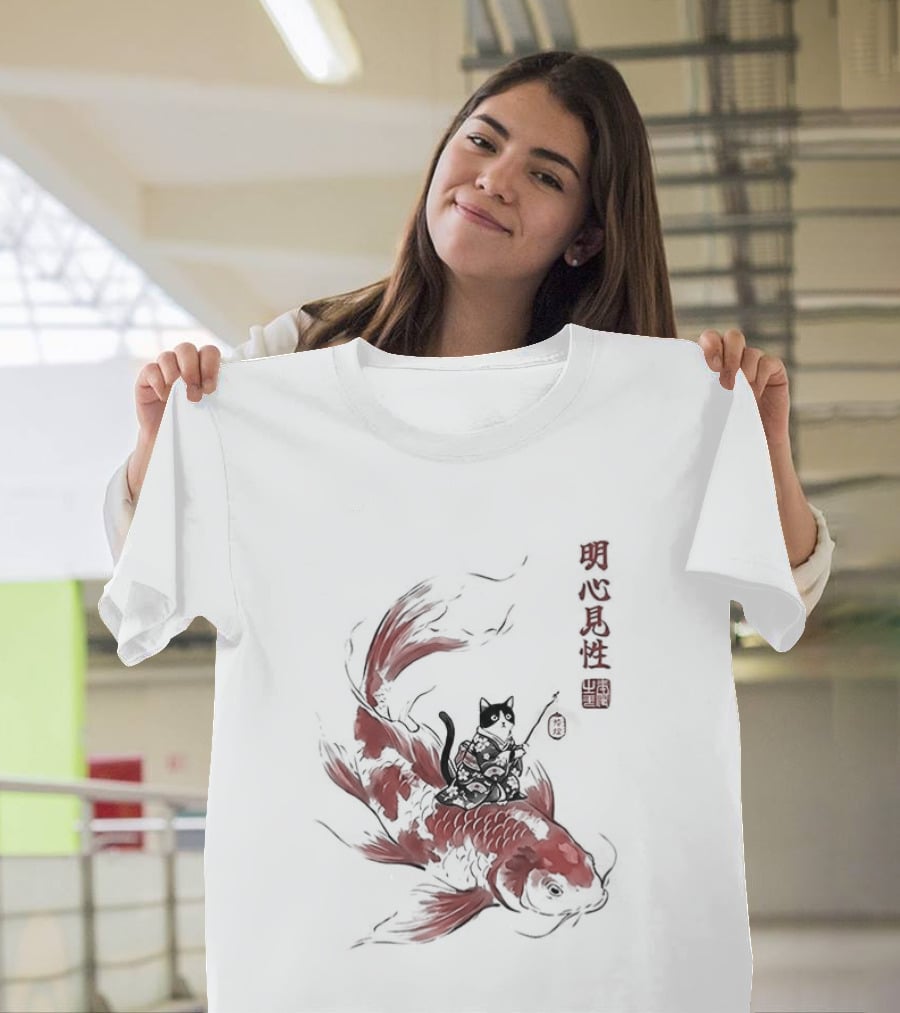 Kimono Cat Riding Koi Fish Classical Japanese T-Shirt
