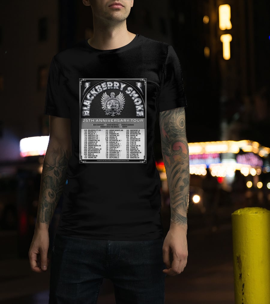 Blackberry Smoke 25th Anniversary Tour 2024 With Ben Chapman And Jason Newsted Featuring Parker Barrow And Robert Jon & The Wreck T-Shirt