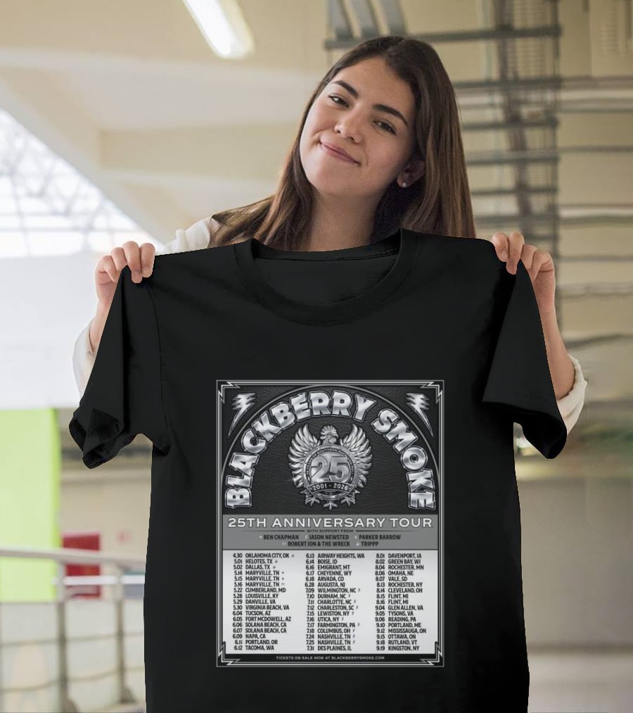 Blackberry Smoke 25th Anniversary Tour 2024 With Ben Chapman And Jason Newsted Featuring Parker Barrow And Robert Jon & The Wreck T-Shirt