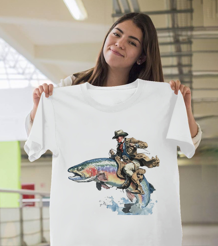 Cowboy Riding Rainbow Trout Adventure Scene T-Shirt