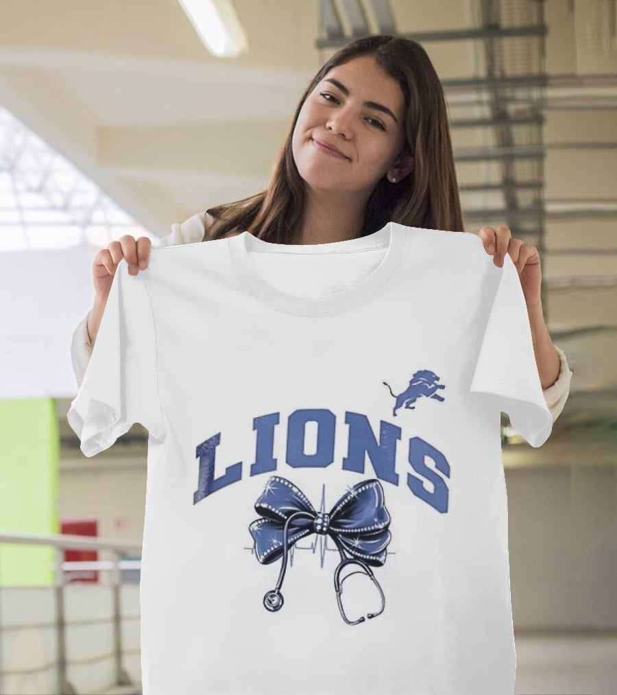 Detroit Lions Nurse By Heart By Soul With Stethoscope And Bow T-Shirt