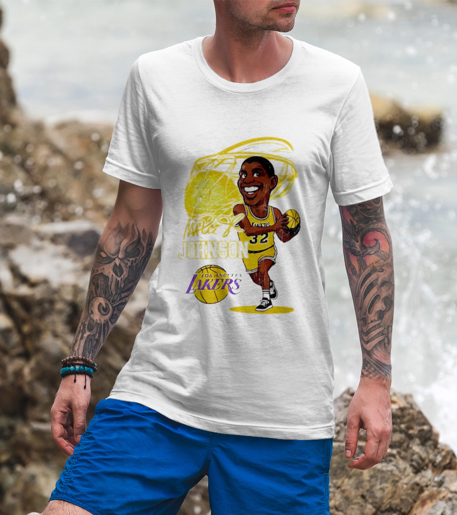 Magic Johnson 32 Los Angeles Lakers Basketball Caricature T-Shirt