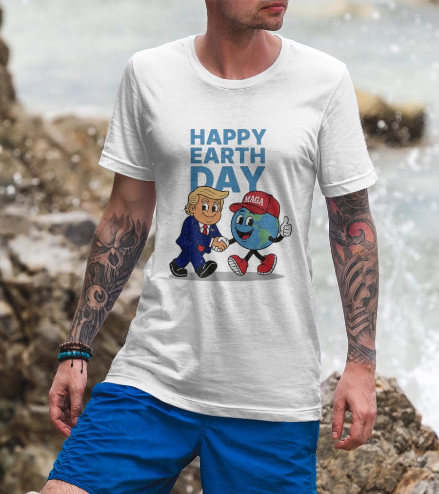 Happy Earth Day Trump MAGA Earth Cartoon Shaking Hands T-Shirt