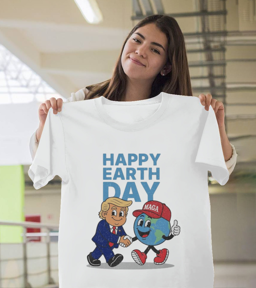 Happy Earth Day Trump MAGA Earth Cartoon Shaking Hands T-Shirt