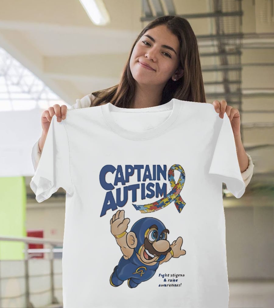 Captain Autism Super Mario Puzzle Ribbon Flying Awareness T-Shirt