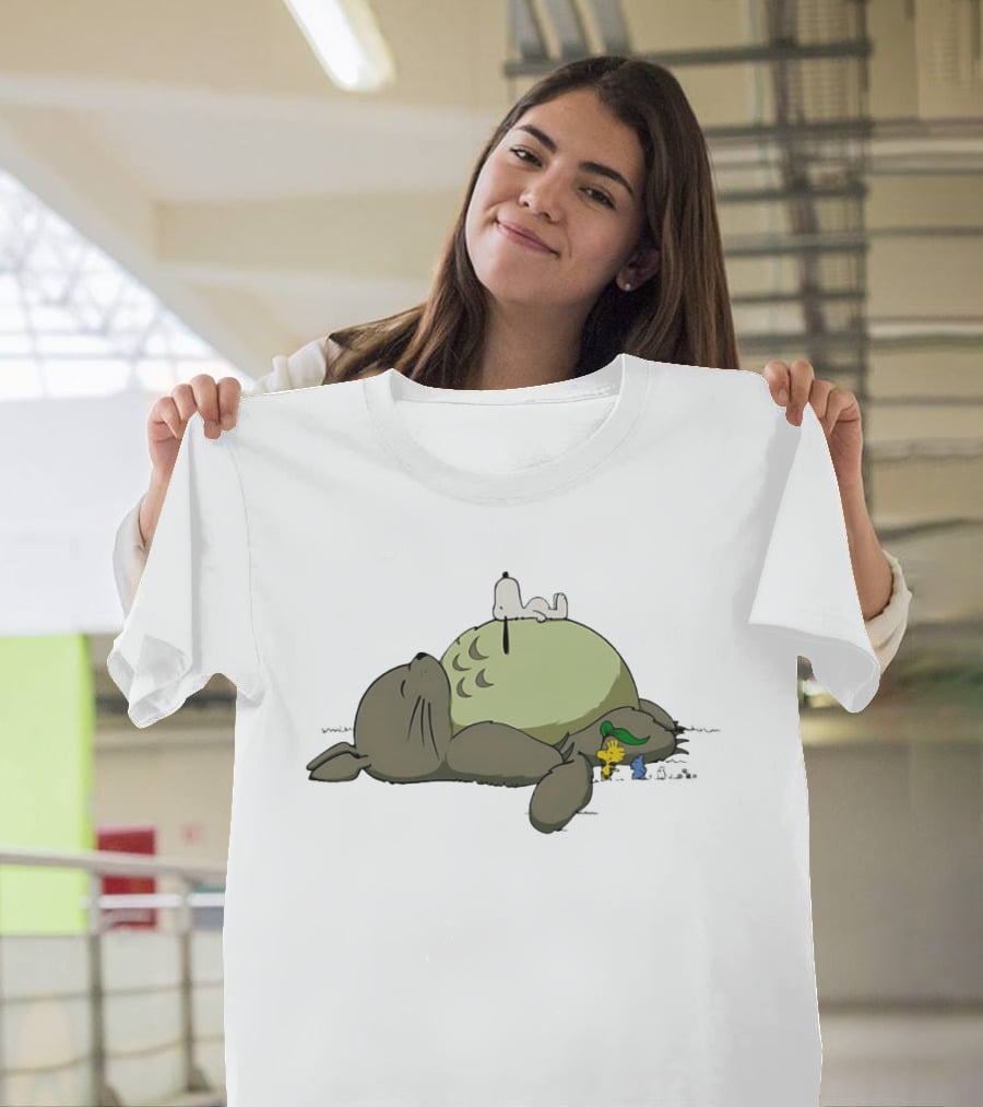 Totoro And Snoopy Sleeping With Woodstock And Classic Cartoon Characters T-Shirt