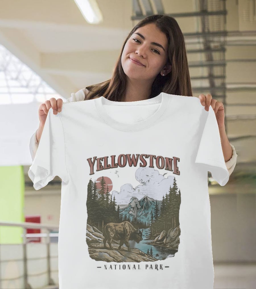 Yellowstone National Park Wild Buffalo By Stream Scenic Landscape T-Shirt