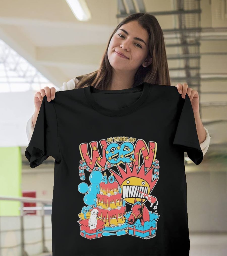 40 Years Of Ween Celebration Cake Balloons Dog Horse Black Sun Mask T-Shirt