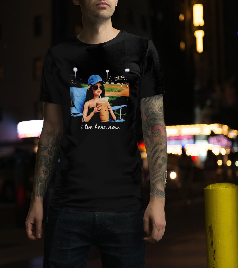 I Live Here Now Barbie Drink Coffee Baseball Stadium Scene T-Shirt