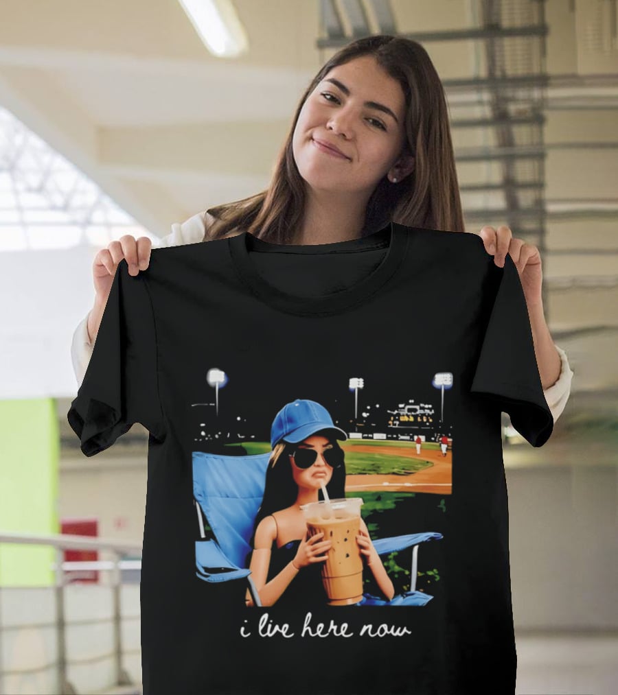 I Live Here Now Barbie Drink Coffee Baseball Stadium Scene T-Shirt