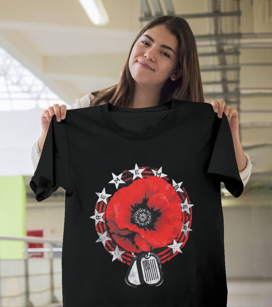 Remember Poppy 2026 American Flag Dog Tags Stars T-Shirt