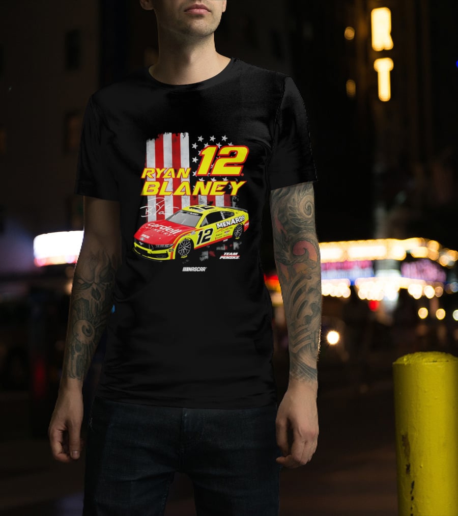 Ryan Blaney 12 Team Penske NASCAR American Flag Racing Car T-Shirt