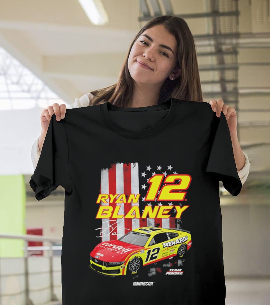 Ryan Blaney 12 Team Penske NASCAR American Flag Racing Car T-Shirt