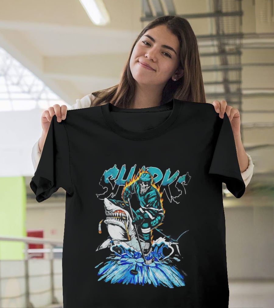San Jose Sharks 90s Hockey Skull Flames Ice Shark Rider T-Shirt
