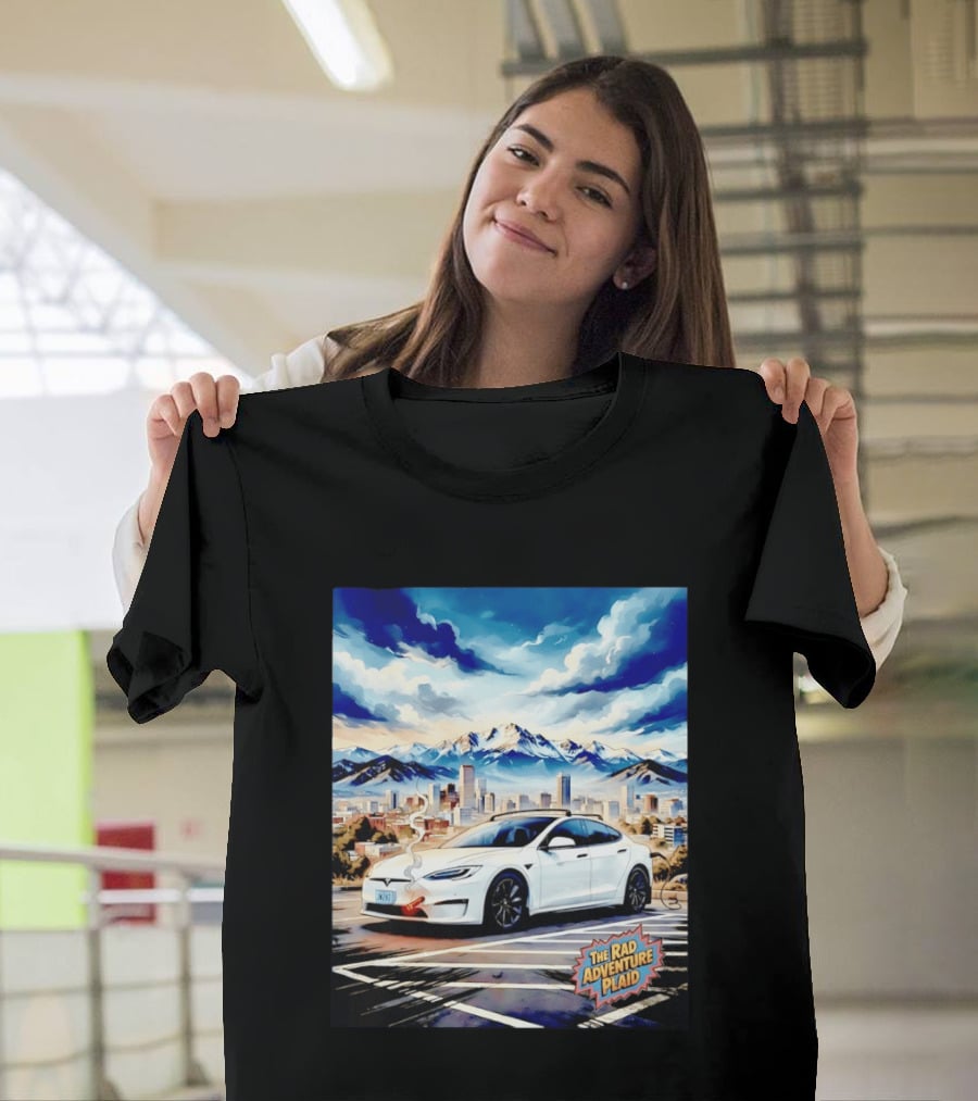 The Rad Adventure Plaid Electric Car Scenic Mountain Cityscape T-Shirt