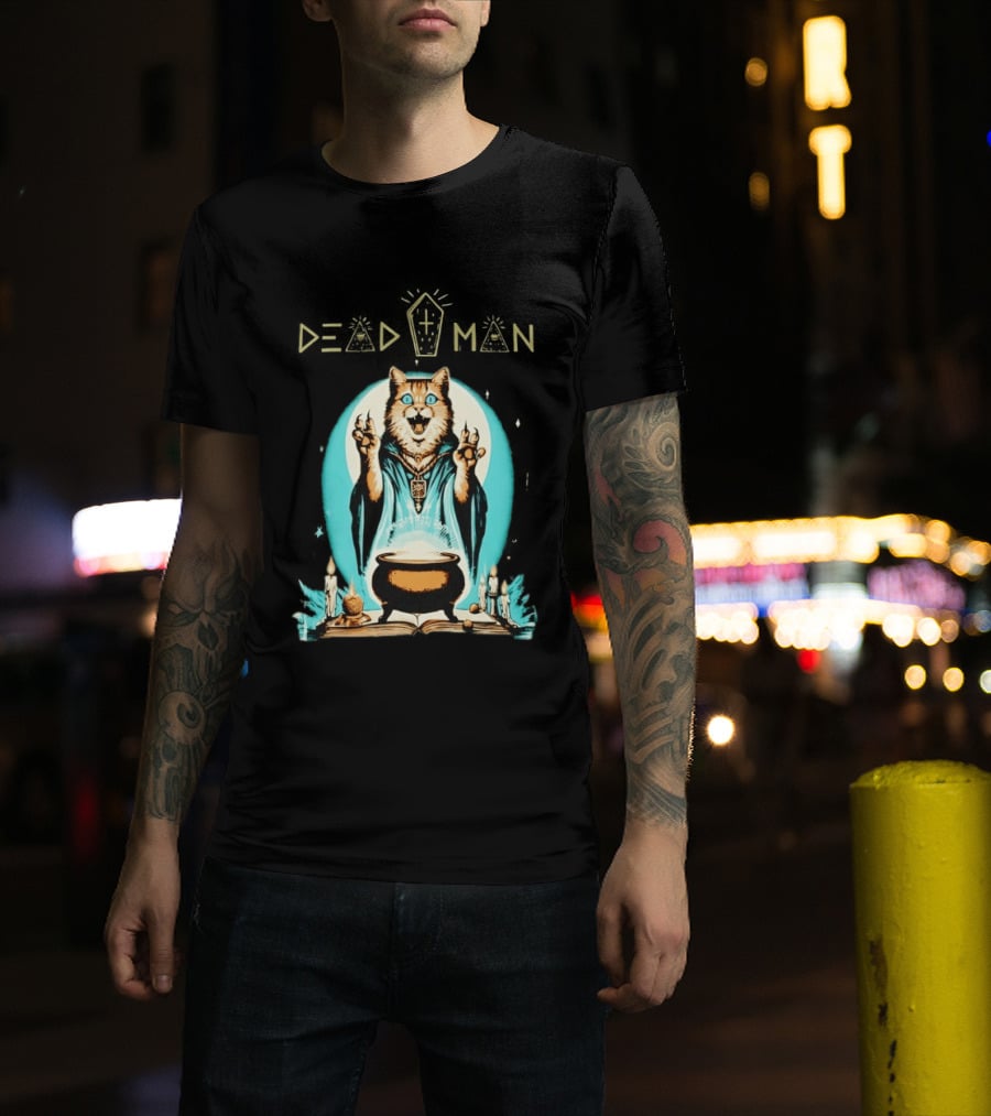 Wizard Cat Casting Spell With Cauldron And Candles Dead Man T-Shirt
