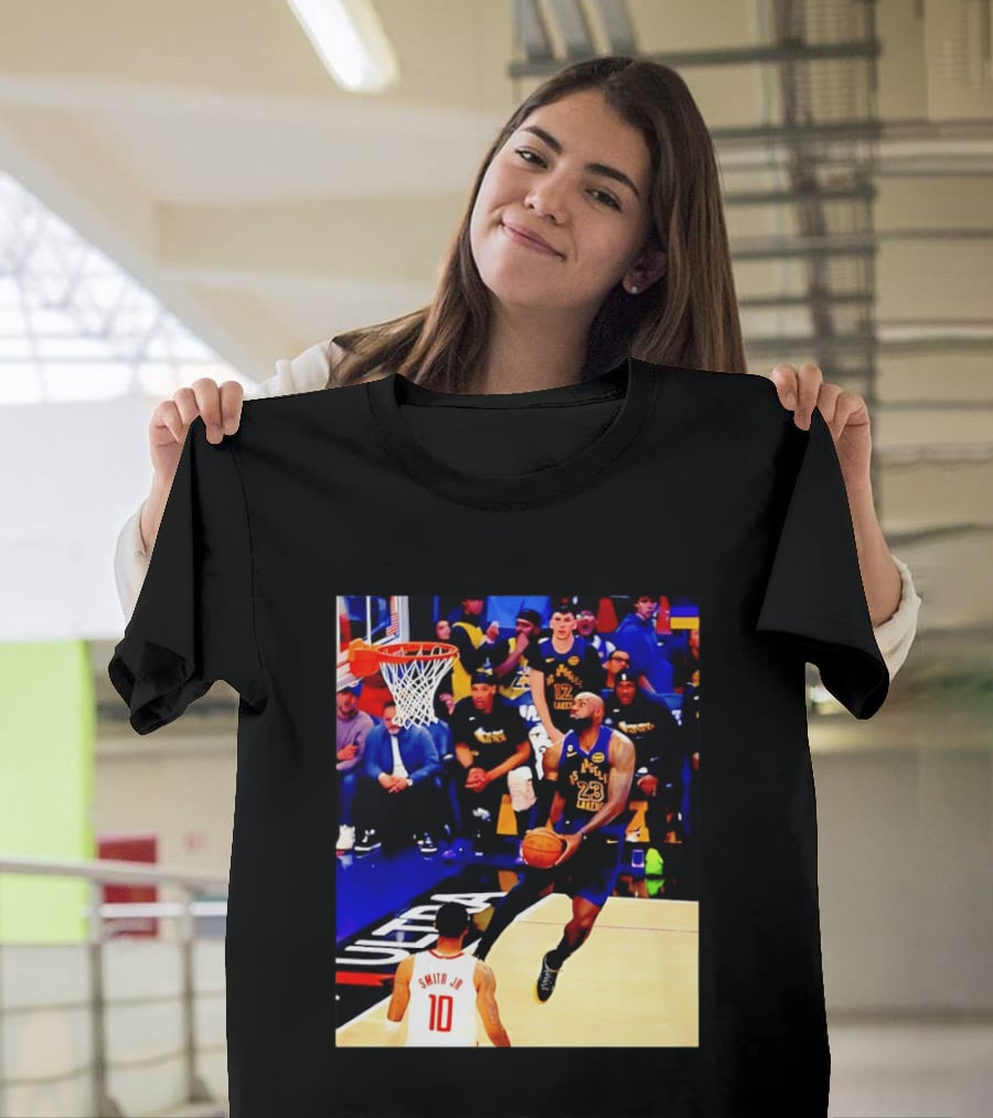 LeBron James Los Angeles Lakers Dunking Action Photo T-Shirt