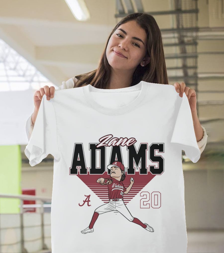 Zane Adams 20 Alabama Crimson Tide Baseball Caricature Player Pitching T-Shirt