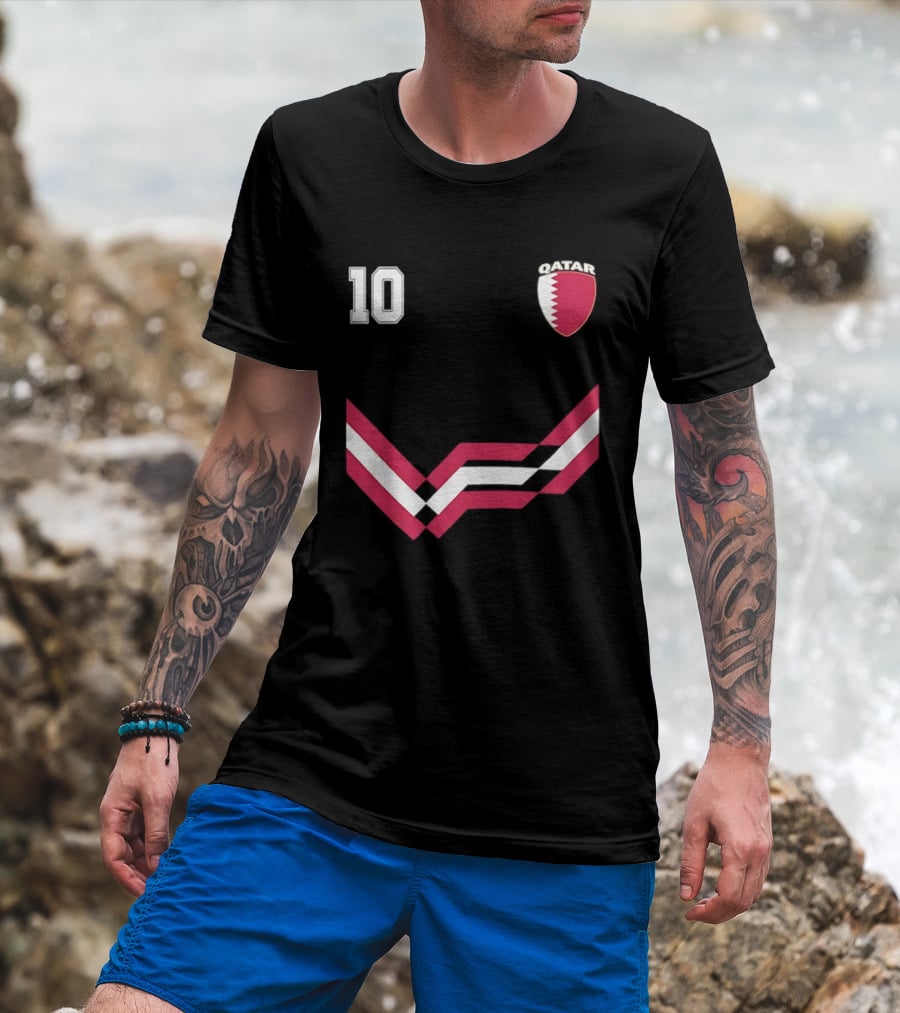Akram Afif Qatar 10 Soccer Badge Red Chevron T-Shirt