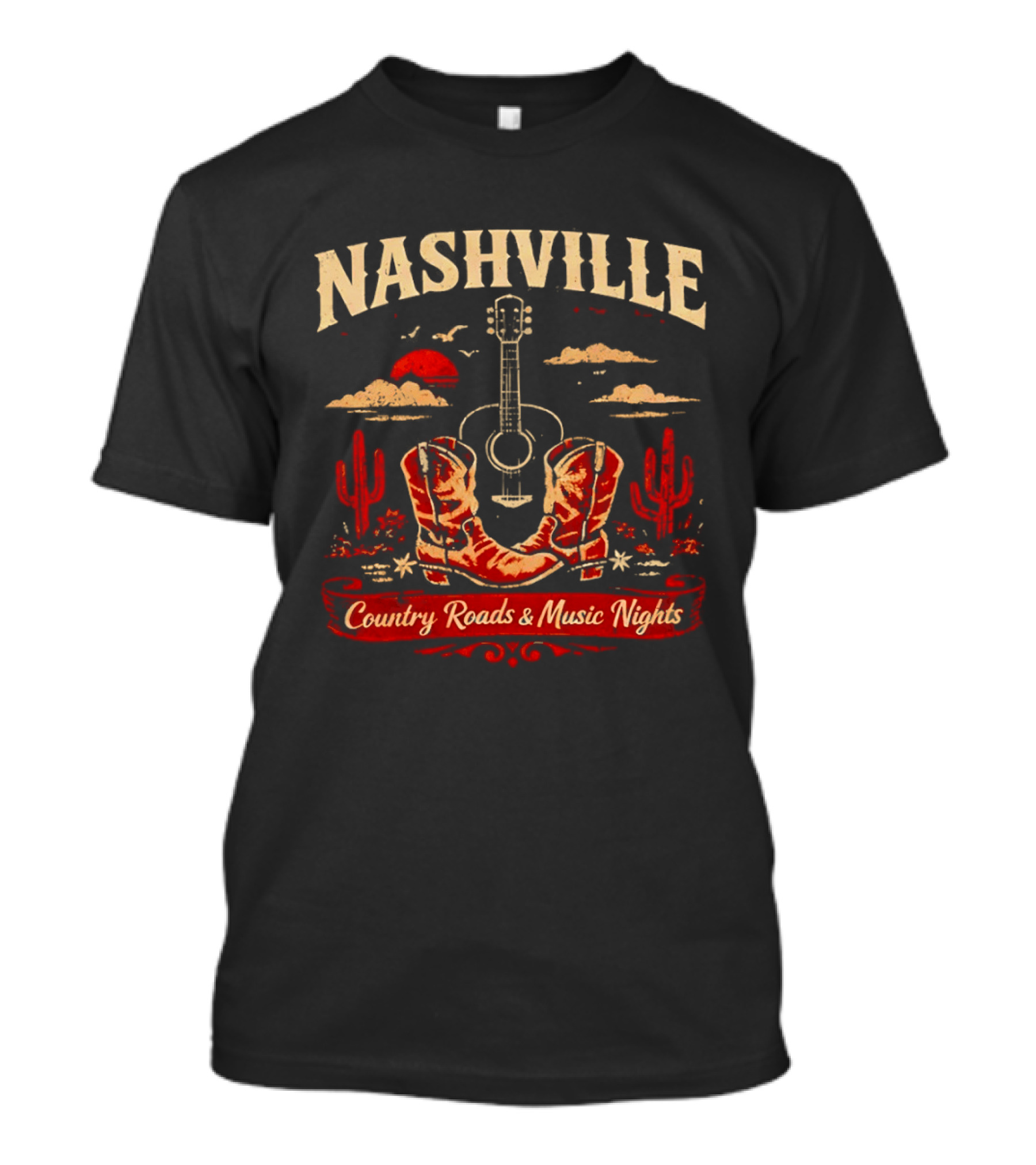 Nashville Country Roads Music Nights Boots Guitar Desert Cactus Moon Clouds T-Shirt