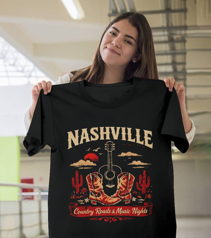 Nashville Country Roads Music Nights Boots Guitar Desert Cactus Moon Clouds T-Shirt