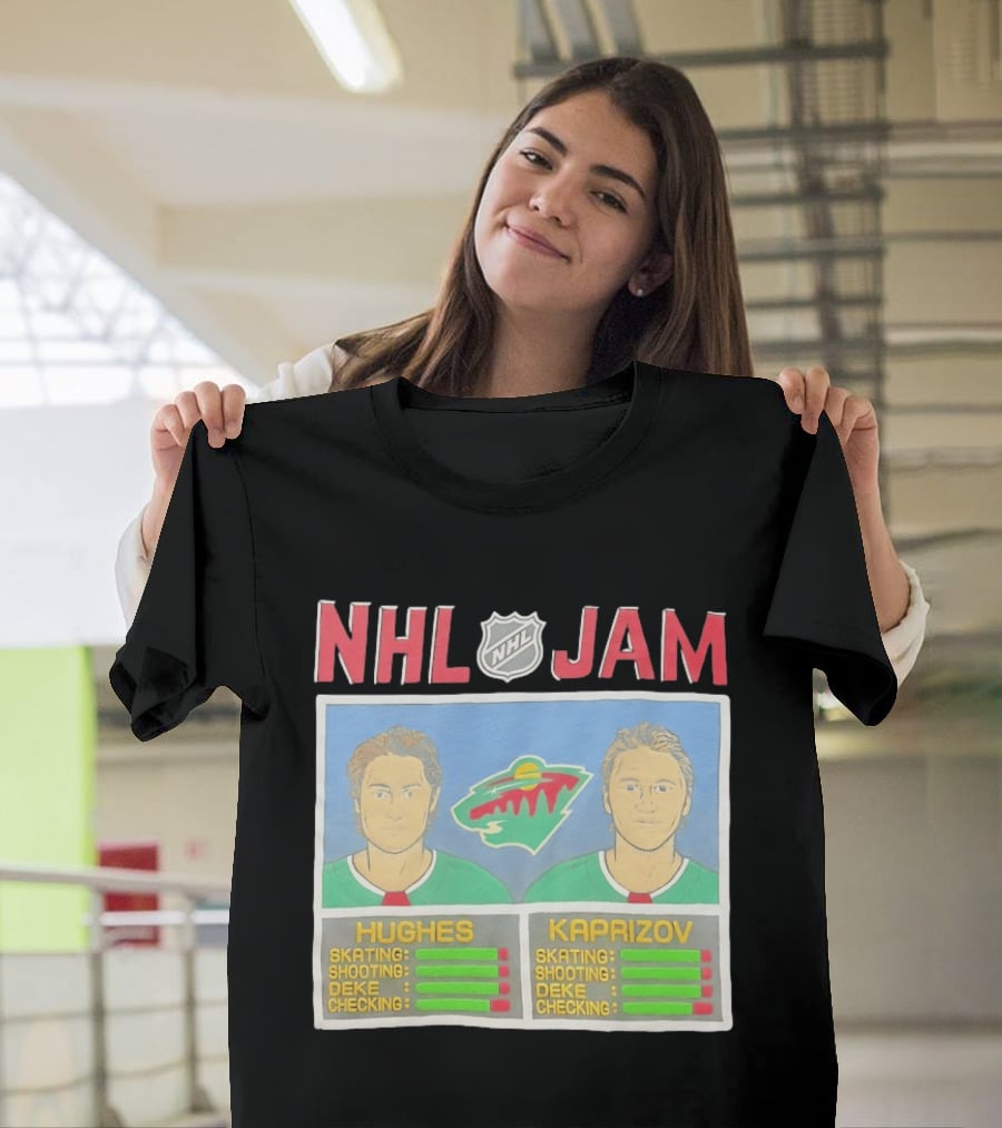 NHL Jam Hughes Kaprizov Minnesota Wild Skating Shooting Deke Checking T-Shirt