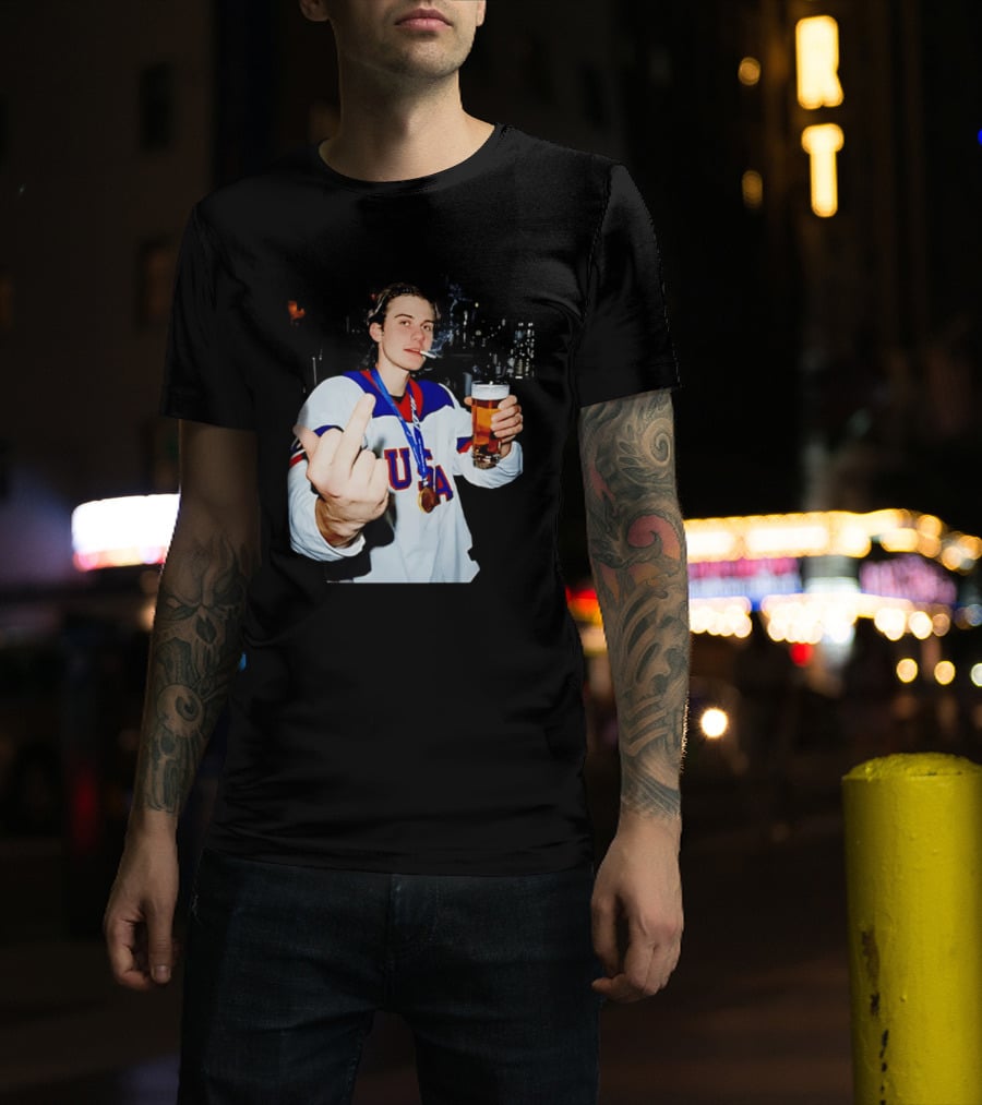 USA Hockey Player Victory Celebration Smoking Beer Middle Finger T-Shirt