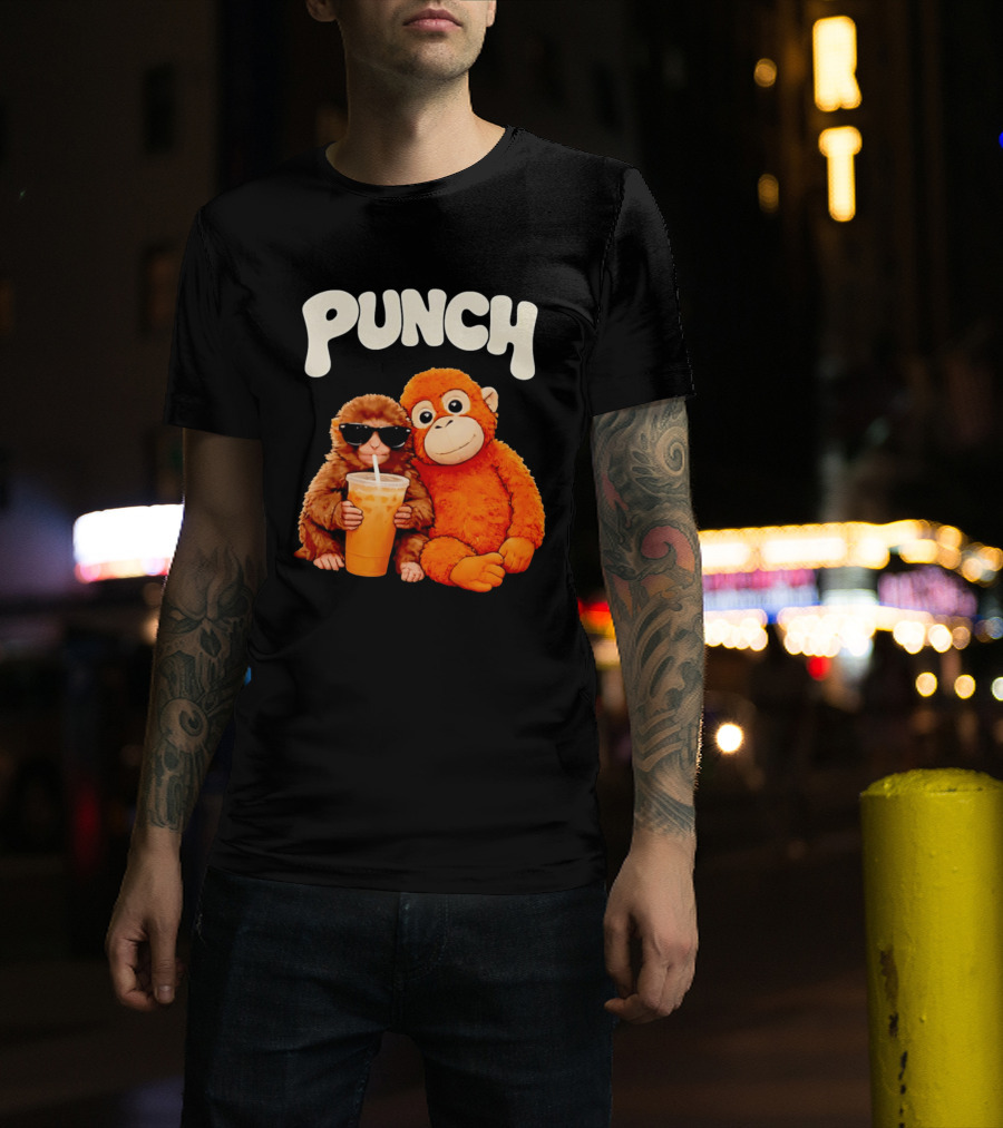 PUNCH Brown Monkey With Orange Plush And Iced Drink T-Shirt